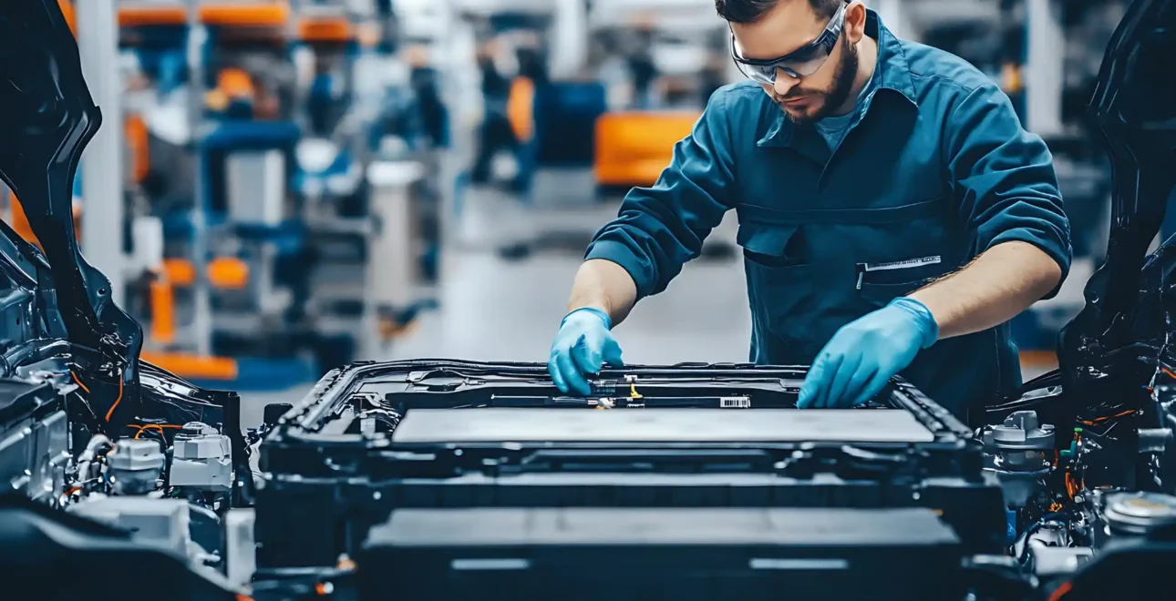 Electric Car Battery Being Assembled by Mechanic