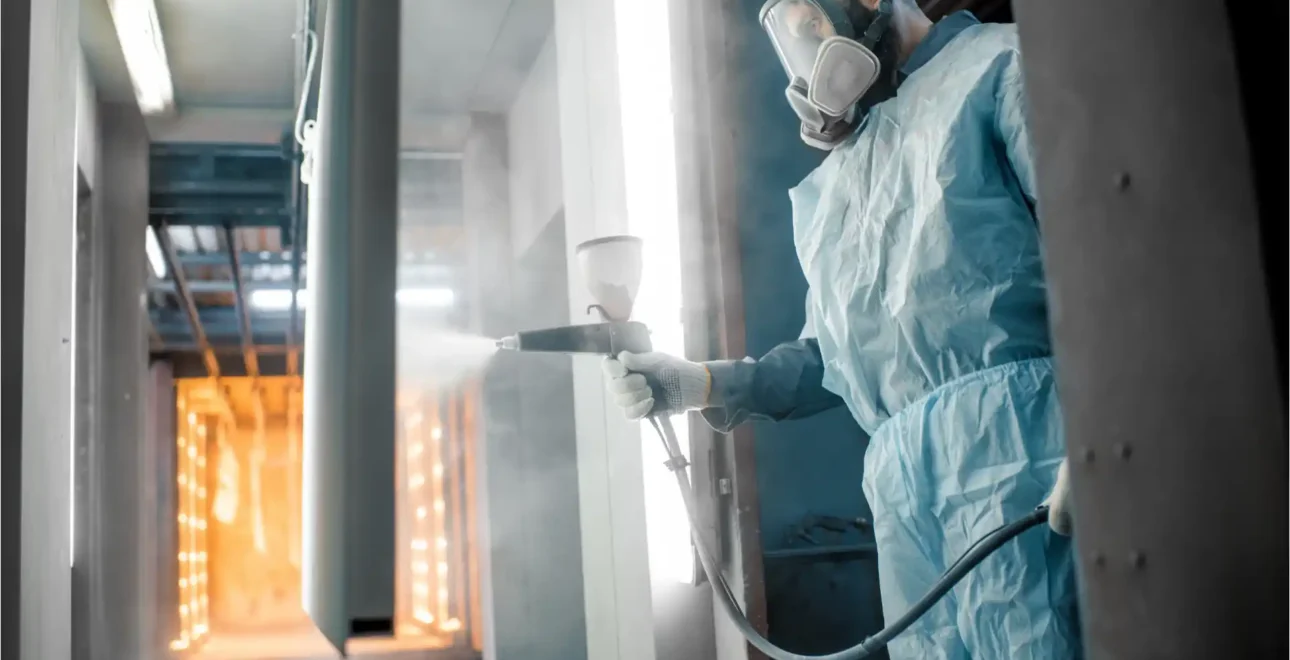 Worker Doing Powder Coating Process of Metal Products